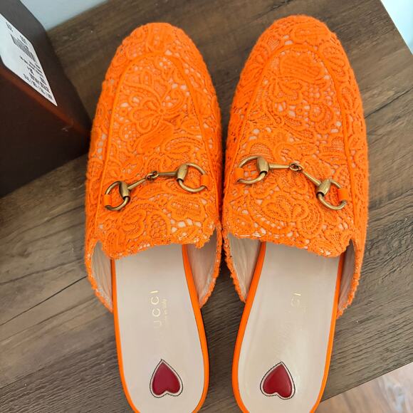 GUCCI Princetown Orange Lace Horsebit Mules EU 38.5 US 8.5 COA Luxury Slip On - Picture 5 of 11